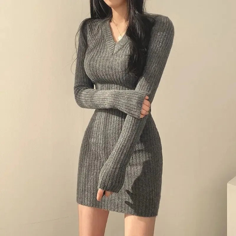 Women's V-Neck Slim Fit Midi Sweater Dress
