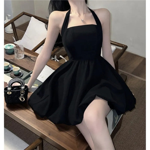 Black High-Waist A-Line Mini Dress